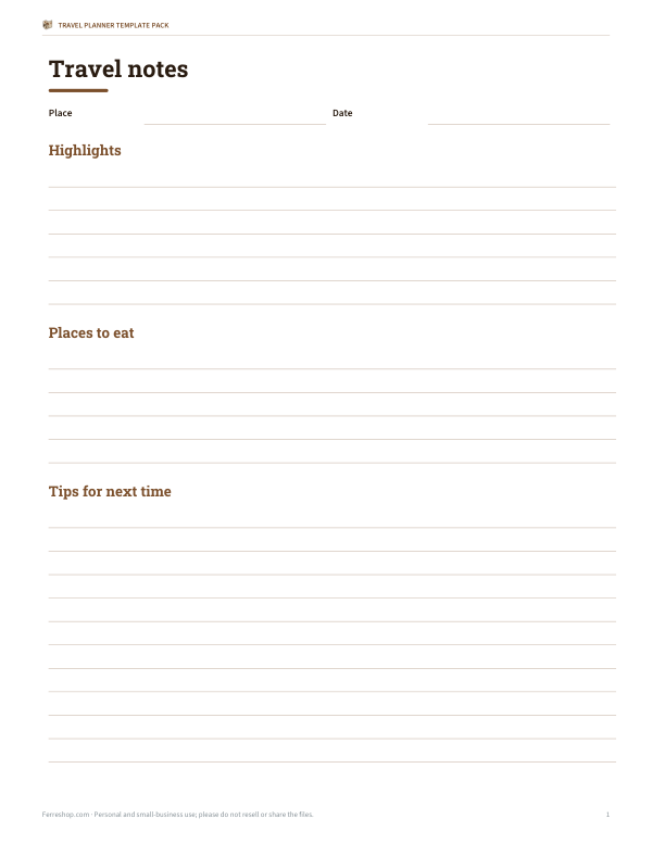 Preview of Printable Travel Notes Page