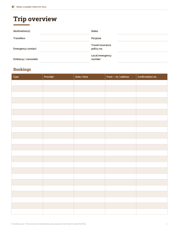 Preview of Printable Trip Overview Sheet